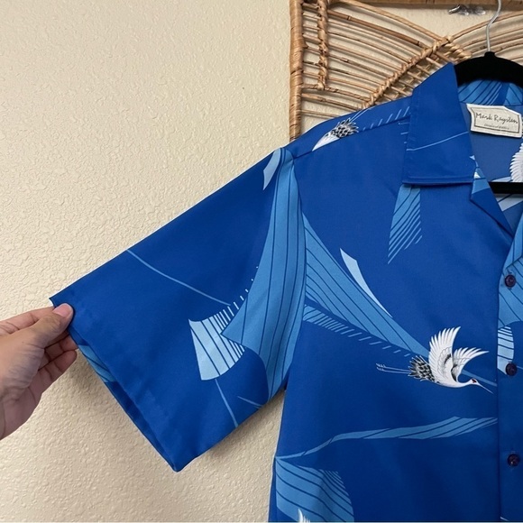 Vintage Mark Raysten Malihini Hawaiian Aloha Shirt Asian Crane Blue *see msrmts - Picture 4 of 10